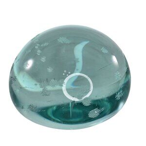 Vintage Blown Glass Paperweight With Etched Lines Aqua Blue Clear
